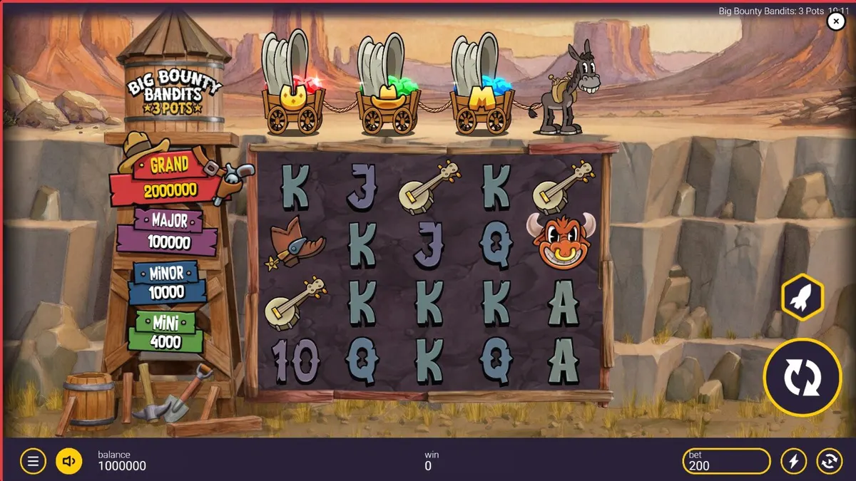 Tampilan visual slot Big Bounty Bandits: 3 Pots dengan gaya animasi rubber-hose klasik.