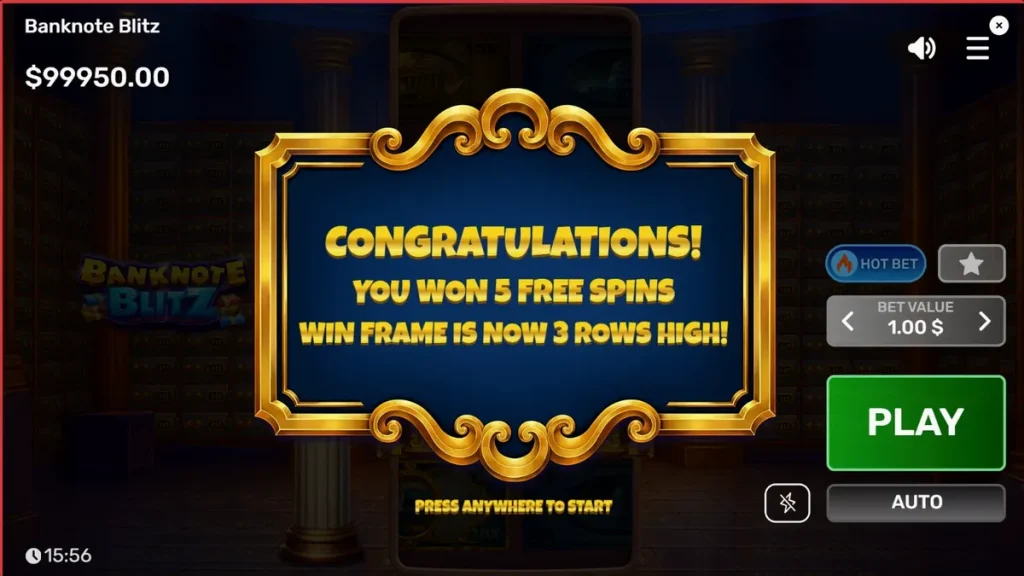 Tampilan visual mewah dari slot Banknote Blitz dengan tema brankas bank.