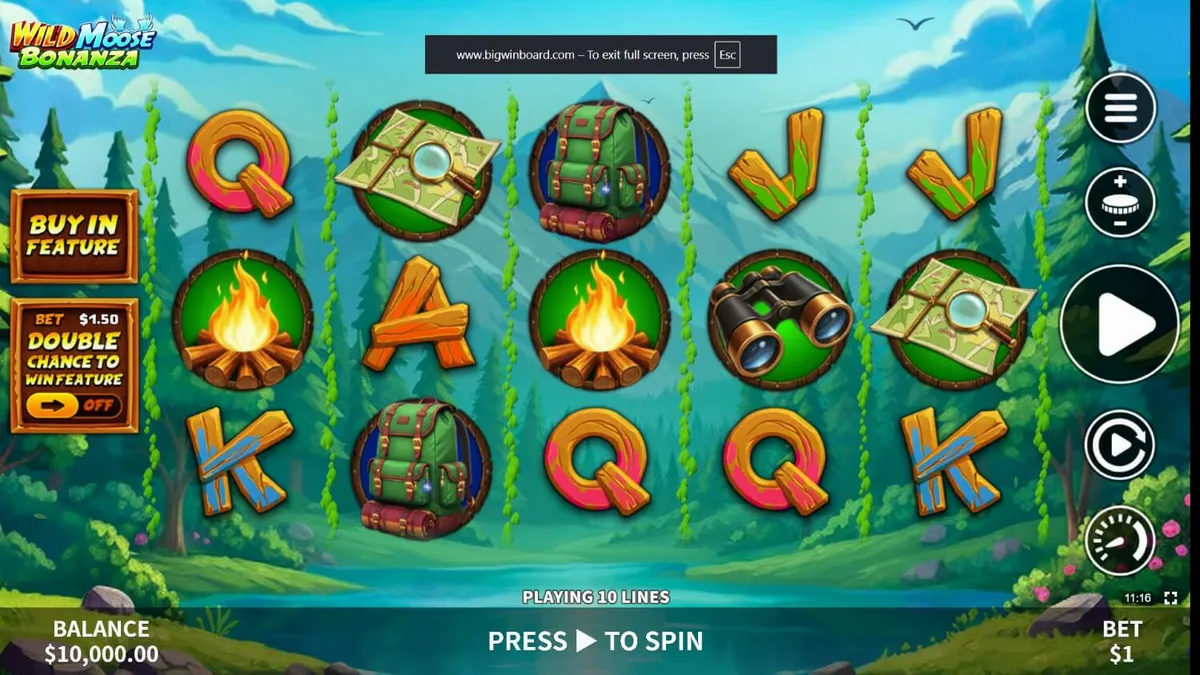 Pemandangan hutan belantara dalam slot Wild Moose Bonanza dengan simbol moose yang ikonik
